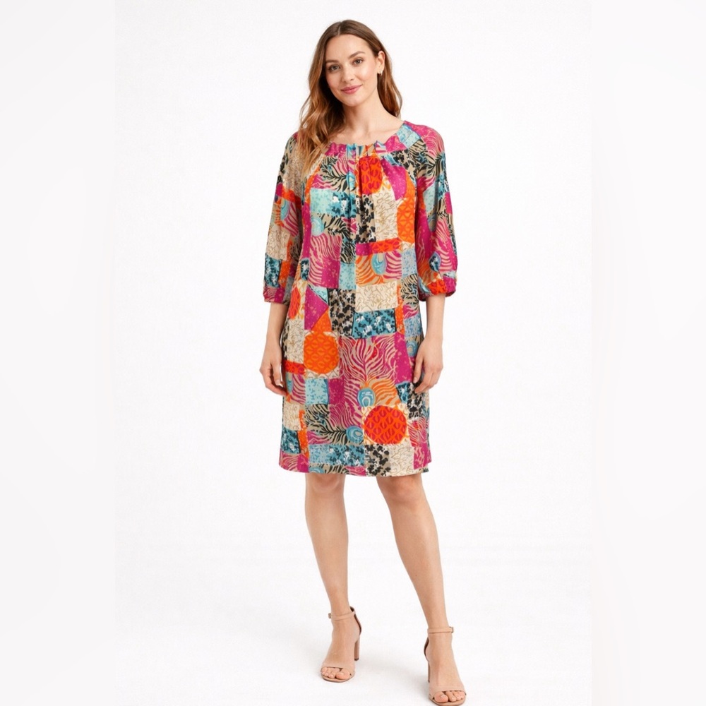 Lilly Pulitzer Shift Dress 6 SILK 3/4 Long Sleeve Patchwork Colorful Print